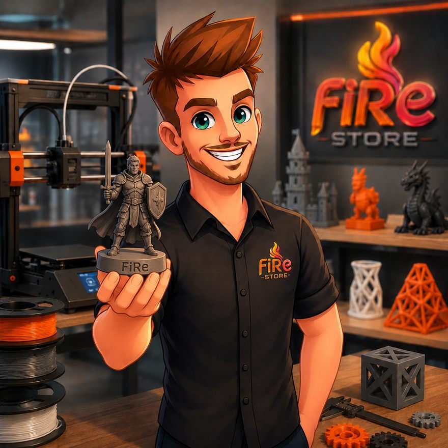 Mascote da fiRe Store sorrindo na oficina, segurando uma miniatura de cavaleiro impressa em 3D, com impressora 3D e peças impressas ao fundo