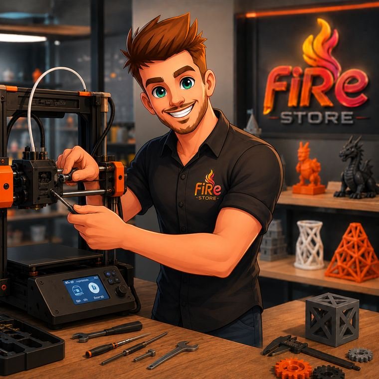 Mascote da fiRe Store ajustando o cabeçote de uma impressora 3D na oficina